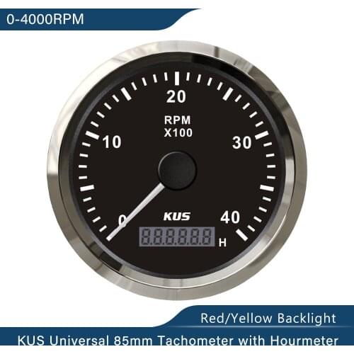 KUS Guaranteed 85mm Tachometer RPM Gauge With Hour Meter 4000RPM 12V/24V With Backlight