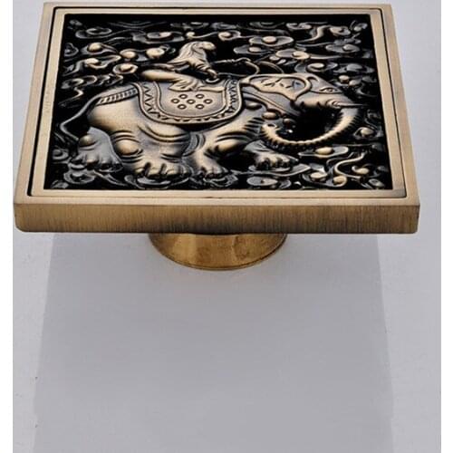 Brass Elephant Carved Floor Waste Strainer Art Carvedg Square 4" Antique Floor Drain Cover 10cm x 10cm