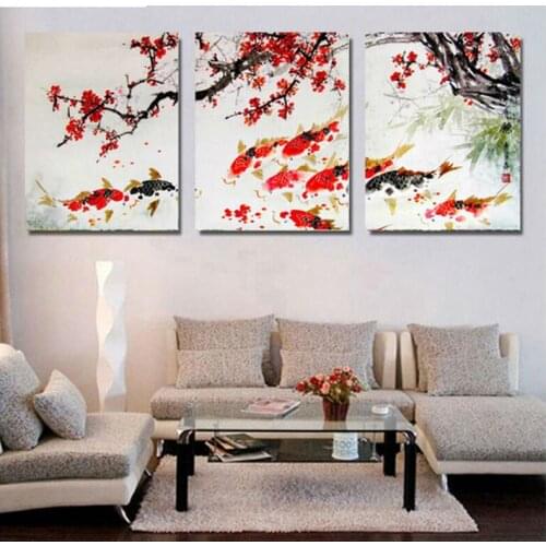 Mosaic Full Square Round 5D Diy Diamond embroidery Triptych Koi Fish Diamond Painting flower Cross Stitch Rhinestone ZP-2517
