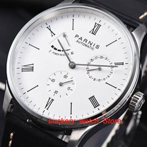 Parnis mens watch 42mm Silver case DATE Power reserve White dial 5ATM ST1780 Automatic movement wrist watch-PA11