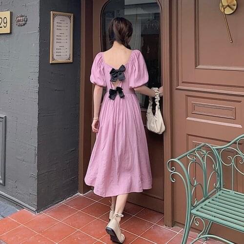 New French dress, bubble short-sleeved dress, bow-knot cut-out dress, Korean mid-length dress