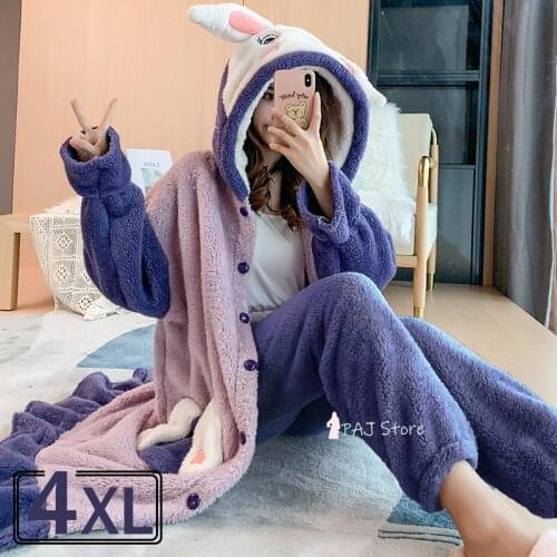 Warm Pajamas for Girls Winter Robe and Pant Flannel Kigurumi Bunny Sleepshirt Set Kimono 4XL Christmas Kawaii Velvet Fluffy Robe