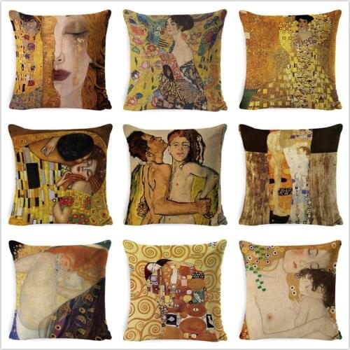 Fokusent Gold Luxury Decorative Oil Painting Home Decorative Pillow Case Gustav Klimt Gallery Collection Sofa Cushion Cover