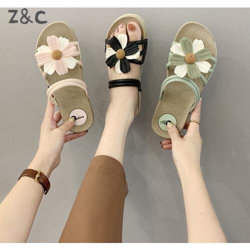 Korean Sandal Girl Fairy Wear Flat Bottomed and Versatile Student Flowers Roman Style Ladys Anti Slip Slippers Shoes for Women