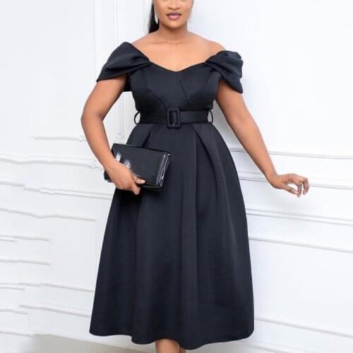 Sexy Black Party Dress Slash Neck High Waisted A Line Europe America Temperament Fashion Evening Night Dinner Dress Midi Female