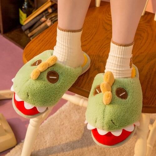 Women House Slippers Cute Cartoon Plush Warm Shoes Female Flock Dinosaur Cotton Slippers Indoor Home Shoe Womens Footwear