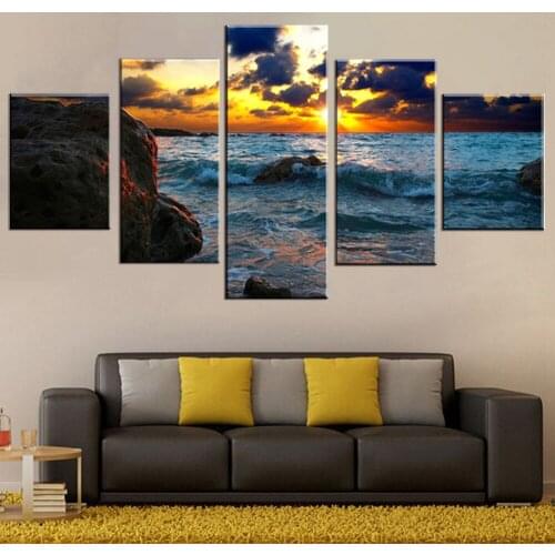 Unique Gift HD Print Painting 5 Piece Sea Sunset Landscape Canvas Wall Art for Bedroom Living Room Bathroom Library Office Home