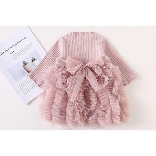 High Quality 2019 Spring Baby Girls Birthday Party Dress Children Kids Clothes Girls Layered Dress Bow Mesh Solid Dress for girl