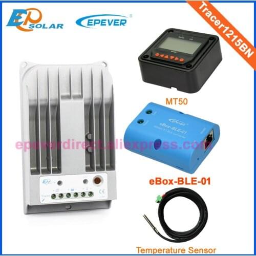 Solar cell battery charger controller Tracer1215BN bluetooth function eBOX-BLE-01 temperature sensor and MT50 10A 12v 24v auto