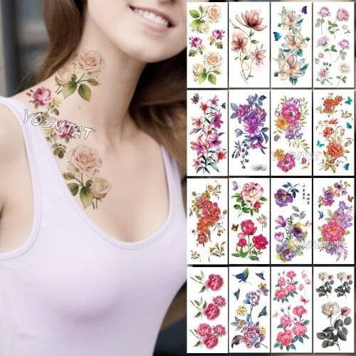 Yellow White 3D Lifelike Rose Temporary Tattoos for Women Tattoo Sticker Flower Body Chest Neck Art Waterproof Arm Fake Tatoo