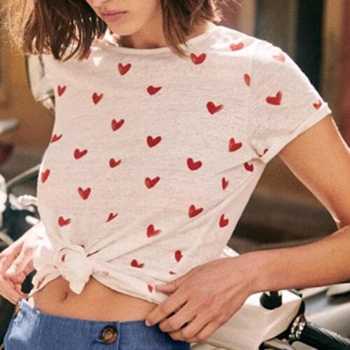 Runelen Heart Print Graphic Tees T Shirts Summer O Collar Short Sleeve Casual Women T Shirts 2021 Elegant White Tees Tops