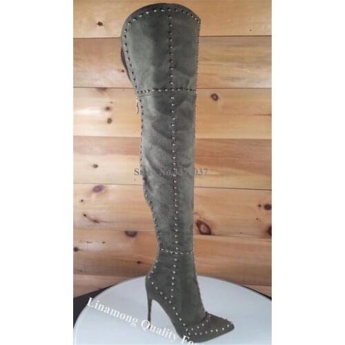Women Fashion Pointed Toe Suede Leather Over Knee Rivet Stiletto Heel Boots Blue Red Green Spike Long High Heel Boots Dress Heel