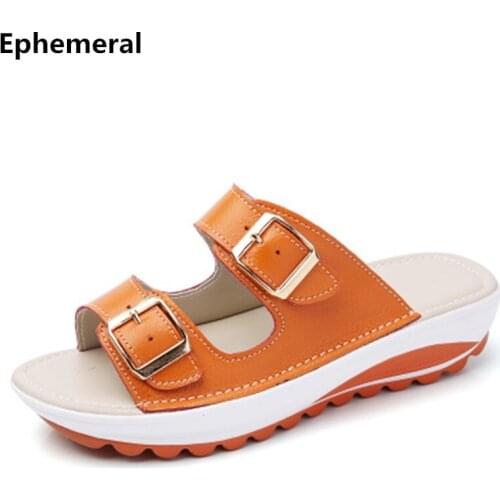 Females Plus Size 40 41 Patchwork Genuine Real Leather Mom Wedges Heel Sandals Open Toe Women Pumps Low Heels Shoes Slip-On