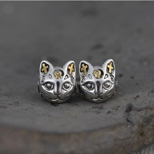 925 Sterling Silver Golden Cats Stud Earrings Women Earrings Vintage Party Wedding Jewelry Gifts for Girls Women Jewelry Lovely