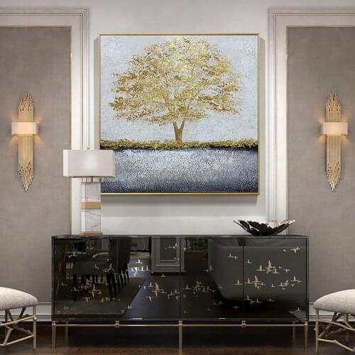 Handmade Golden Abstract Tree Oil Painting On Canvas Hand Painted Modern Canvas Wall Art Living Room Home Decorative Paintings