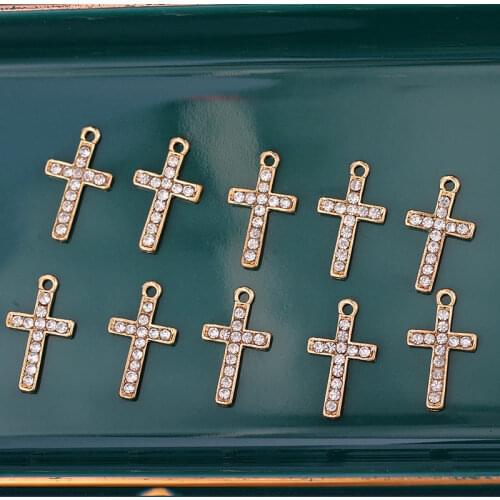 10Pcs Shining Rhinestone Crosses Shape Charms Gold Color Metal Pendants Fashion Necklace DIY Cross Jewelry Handmade Accessories