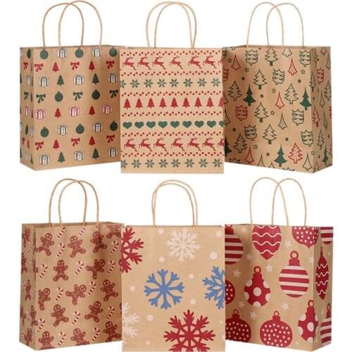 Cabilock 24pcs Christmas Kraft Bags 6 Patterns Christmas Paper Bags Portable Festive Xmas Party Gift Bags for Christmas