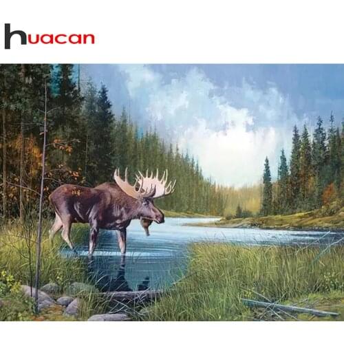 Huacan Diamond Painting New Arrival Natural Scenery Mosaic Deer Tree River Embroidery Wall Stickers Crystal Diamond Art
