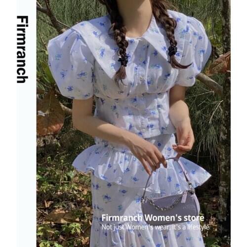 Firmranch white and blue jacquard floral ruffled suit with baby collar puffed sleeve short sleeve and flounces half skirt set