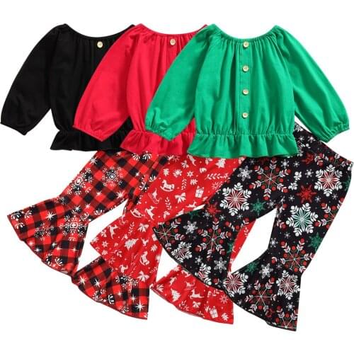 Infant Kids Baby Girls Long Sleeve Tops + Flared Trousers, Christmas Theme Pattern Ruffle Decoration Festive Clothing 1-5T