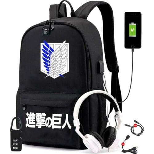 Anime Attack on Titan Wings of Freedom Designer USB Backpack Bag Travel School Students BookBag Mochila With Free Lock