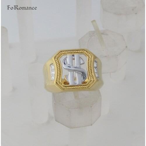 FoRomance / YELLOW WHITE GOLD OVERLAY GP US DOLLAR SIGN HIGH SHINNING CZ STONES RING AVAILABLE SIZE 8 GREAT GIFT