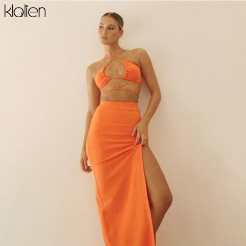KLALIEN 2021 Summer New Camisole Two Piece Skirt Set Fashion Casual Party Vacation Beach Solid Rib Knit Long Skirt Set Hot Sale