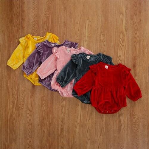 0-18M Autumn Baby Girls Boys Bodysuits Velvet Solid Ruffles Long Sleeve Button Jumpsuits 5 Colors