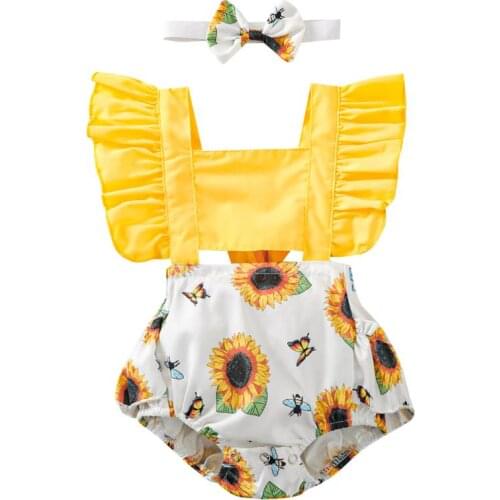 Summer Kids Suit Set Girls Sunflower Print Square Neck Fly Sleeve Patchwork Romper Headband Baby Bodysuits