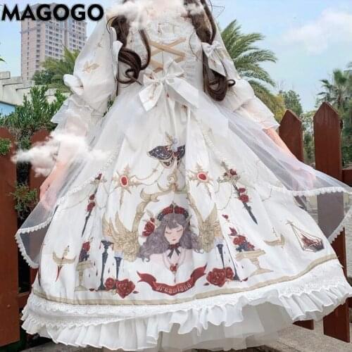 MAGOGO Japanese Soft Girl Lolita Dress Dream Lace Sleeve Cartoon White OP Dress With Side Clip Size S-L