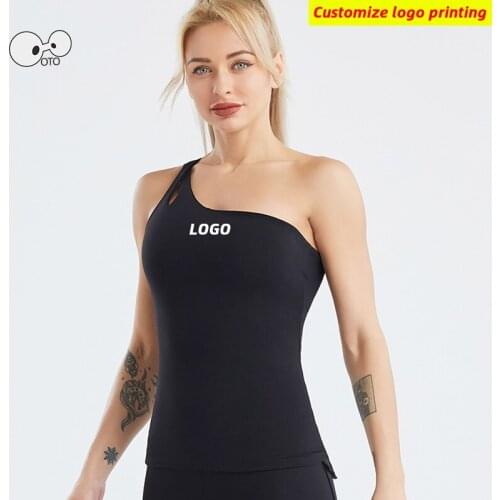 Custom LOGO Women Sports Tank Top For Gym Fitness Sleeveless One Shoulder T Shirt Sportswear Elastic Yoga Vest Running Clothing