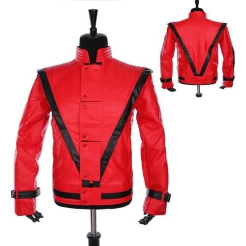 MJ Cosplay Leather Coat Michael Jackson Costume Leather Thriller Red Jacket And Free Billie Jean Glove