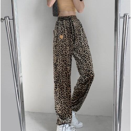 TVVOVVIN Fashion Elastic Waist Leopard Print Loose Straight Pants Autumn Drawstring Casual All-match Women Trouser RO1V