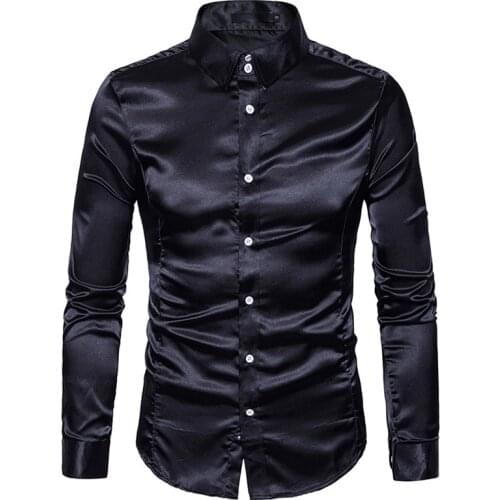 Mens Long Sleeve Silk Social Shirt 2021 Brand New Black Silk Satin Men Shirt Casual Slim Fit Business Wedding Tuxedo Shirts Male