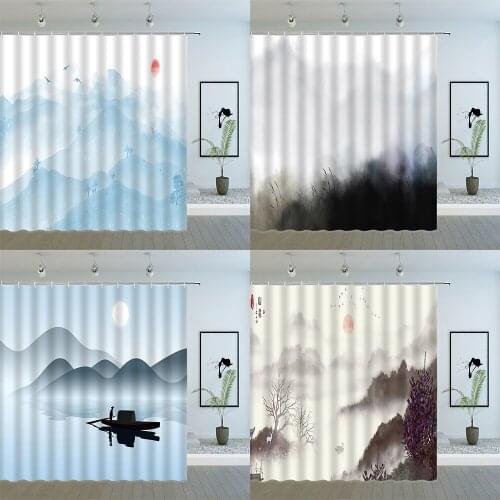 Natural Scenery Shower Curtains Chinese Style Ink Painting mountains and Rivers Landscape Pattern Bathroom Decor Fabric Curtain