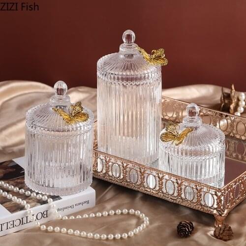 Transparent Glass Jars and Lids Golden Butterfly Decorative Candy Jar Jewelry Cosmetic Containers Storage Jar Candle Aroma Can