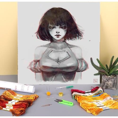Cartoon Girl Woman Printed Water-Soluble Canvas 11CT Cross Stitch DIY Embroidery Complete Kit DMC Threads Handmade Magic