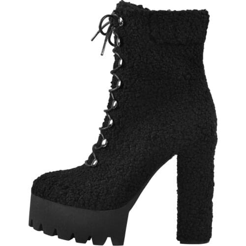 Richealnana Winter Womens Lamb Wool Ankle Boots Platform Lace-Up Side Zipper Female Chunky Thick High Heels Ladies ShoesBlack