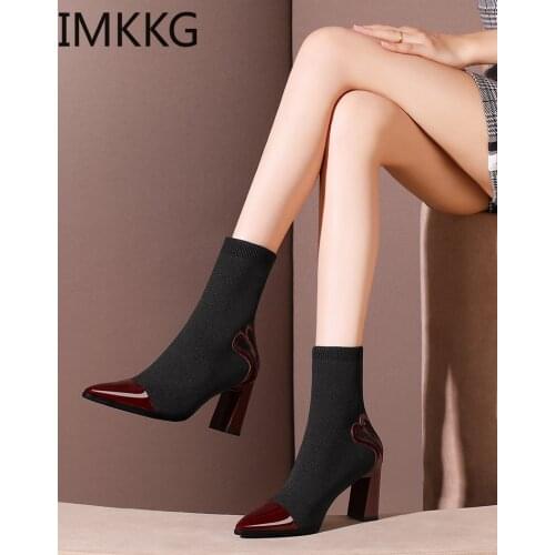 7.5 cm Heel Boots Knit Fabric High Heel Autumn Sock Boots Shoes Women Fashion Pumps Pointed Toe Slip On