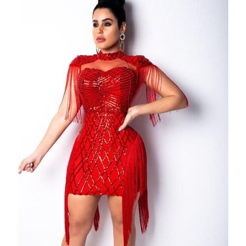 Sexy Sequin Evening Party Dresses for Women Elegant Tassel Bodycon Mini Dress Celebrity Birthday Night Club Sparkly Dress Robes