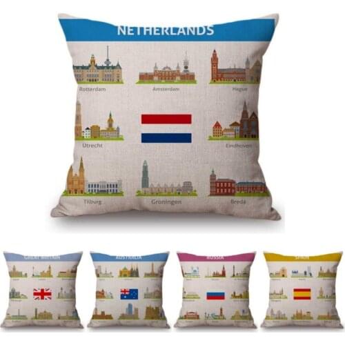 Nordic Home Decoration Art Pillow Cover Russia Germany France Czech Countries Building Graphics Design Linen Sofa Cushion Cover