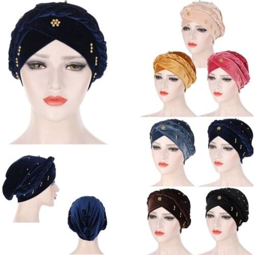 European American Fashion Velvet Hat Muslim Womens Solid Color Turban Caps Islamic Beaded Headgear Dubai Twist Braid Party Hat