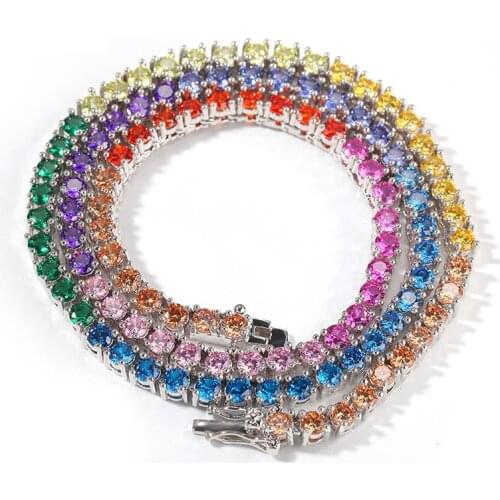 Hip Hop Bling Iced Out Round Multicolor CZ Stone Tennis Link Chain Chokers Necklaces for Men Women Unisex Jewelry