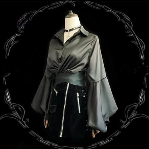 Harajuku Women Shirt Blusas Gothic Black Retro Flare Sleeve Blouse Loose Turn down Collar Long Sleeve Tops Short Shirt Costumes