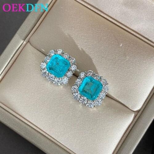 OEKDFN Pure 925 Sterling Silver Stud Earrings For Women 7*7MM Paraiba Tourmaline Gemstone Ladies Party Wedding Fine Jewelry