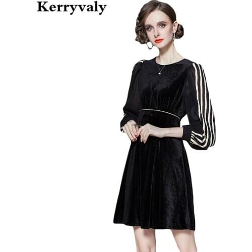French Retro Velvet Bubble Sleeve Black Dress Vestidos Invierno 2021 Mujer Crew Neck Gothic Dresses Vestidos De Mujer K8619