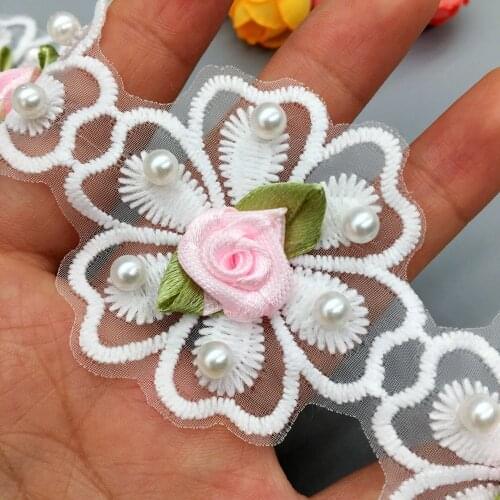 10pcs Vintage Pearl Rose Flower Pink Lace Heart Fabric Ribbon Applique Patch Lace Craft Trim Sewing Embroidered Dress Craft