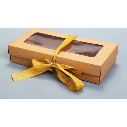 100Pcs/Lot Brown Kraft Paper Box With Window Gift Box With Silk Ribbon Packaging Carton Paperboard Box Packaging Box