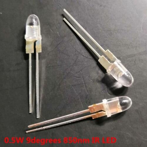 2pcs/lot 850nm 0.5W High Power IR LED Infrared Emitting Diode 9 degrees Through hole 5mm copper leg