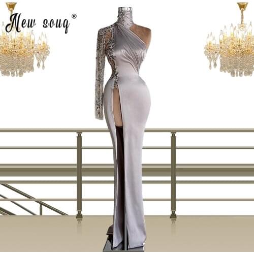 SauDi Arabic High Neck Long Sleeves Evening Dresses Beads Pearsl Sequins Satin Prom Dress vestidos de fiesta Formal Party Gowns